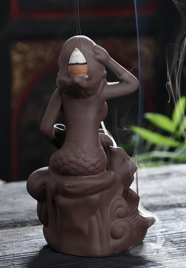 Mermaid Backflow Incense Burner and Incense Cones, Handmade Ceramic Waterfall Incense Holders Home Decor Gift Artwork Statue Ornaments