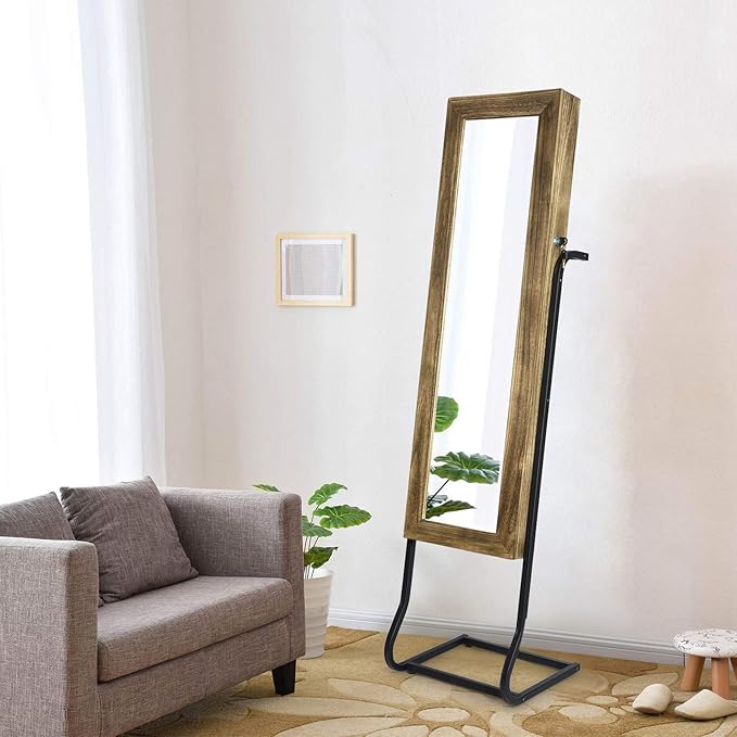 SRIWATANA Jewelry Armoire Cabinet, Solid Wood Standing Jewelry Organizer with Full Length Mirror (Carbonized Black) | Free-Standing Jewelry Armoire; Large Capacity Mirror Organizer with Lockable Door & Sturdy Base