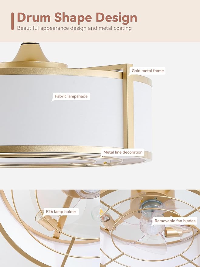 20" Gold Fandelier Ceiling Fans with Lights, Boho Rattan Ceiling Fan with Light Remote Control, Caged Mid-Century Modern with 6 Speeds for Bedroom, Nursery, Living Room