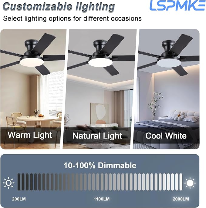 Ceiling Fans with Lights, 52 inch Flush Mount Ceiling fan with Remote Control/APP, Low Profile Ceiling Fan with 5 Blade Reversible, 3CCT, Dimmable, Modern Fan Light for Bedroom, Living Room