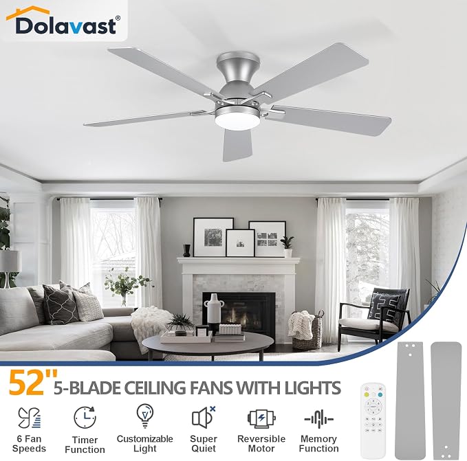 Ceiling Fans with Lights, 52 Inch Low Profile Ceiling Fan with Light and Remote Control, Flush Mount, Reversible, 3CCT, Dimmable LED, Quiet, Nickel Ceiling Fan for Bedroom, Living Room