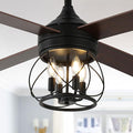 52" Farmhouse Ceiling Fan with Lights and Remote, Rustic Ceiling Fan Black Caged Fandelier 4-Lights Industrial Chandelier for Bedroom Living Room, Reversible Quiet DC Motor 6 Speeds
