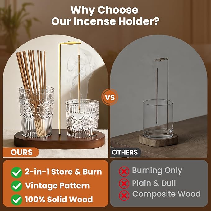 2 in 1 Incense Holder for Sticks, Vintage Glass Upside Down Incense Burner with Removable Ash Catcher & Solid Wood Base, Anti-Ash Flying Catcher for Meditation, Yoga, Spa & Home Decor- Brown