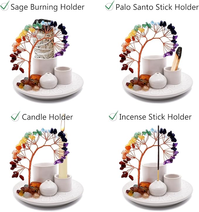 5 in 1 Incense Burner Holder with Crystal Healing Tree, Palo Santo Holder, Sage Holder, Incense Holder for Sticks/Cones/Candles, Ceramic Tray Ash Catcher for Burning Incense, Meditation Gift (White)