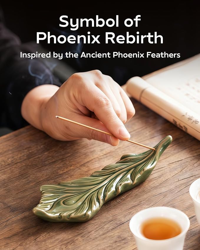 Phoenix Feather Incense Stick Holder with Ash Catcher - Handmade Ceramic Lucky Incense Burner for Meditation, Yoga, and Home Decor
