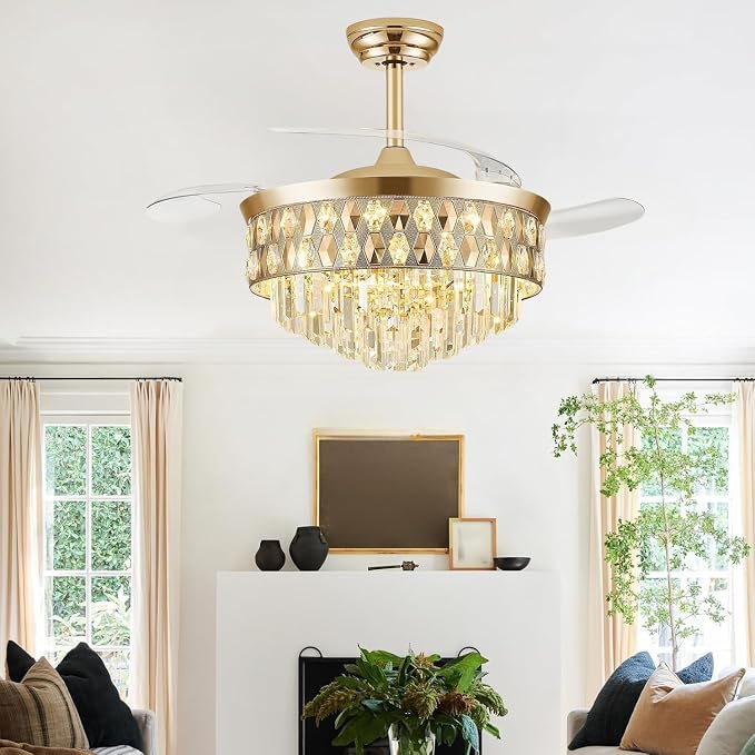 52 Inch Fandelier Ceiling Fan with Light, Chandelier Fan, Retractable Crystal Ceiling Fan Dimmable LED, 3 Color Temperatures, 6 Speeds, for Bedroom & Living Room