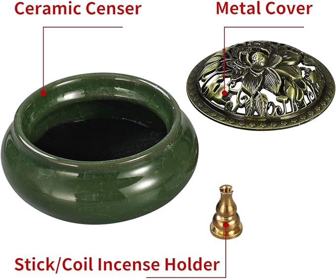 Miupoo Stick Incense Burner and Cone Incense Holder with Brass Incense Stick Holder Ceramic Ash Catcher (Dark Green)