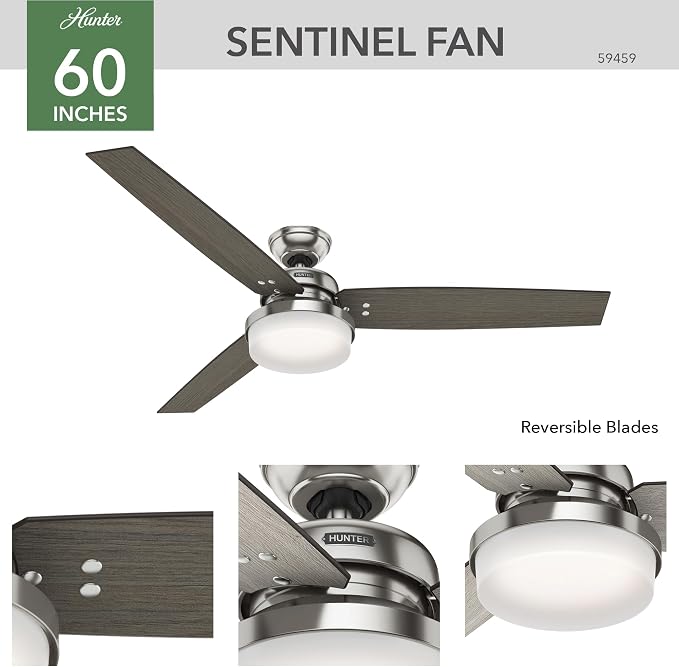 Hunter 60 inch Indoor Ceiling Fan with LED Light and Remote Control - Standard Mount Ceiling Fan, 3 Blades, For Bedroom or Living Room - Sentinel 59459, Brushed Nickel