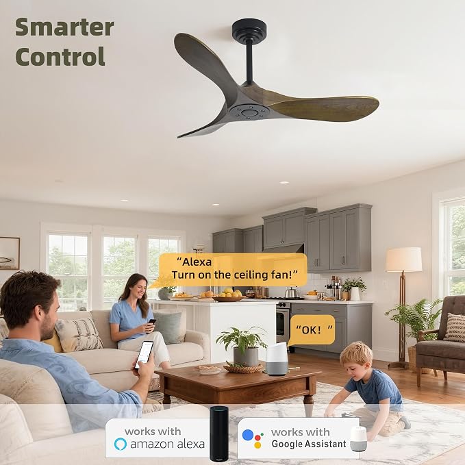 Outdoor Ceiling Fan Without Light, 42Inch Smart Ceiling Fan with Remote & Voice Control for Compatible with Alexa/Google, 3-Blade Wood Fan, Quiet DC Motor, 6 Speeds for Patio, Porch, Farmhouse
