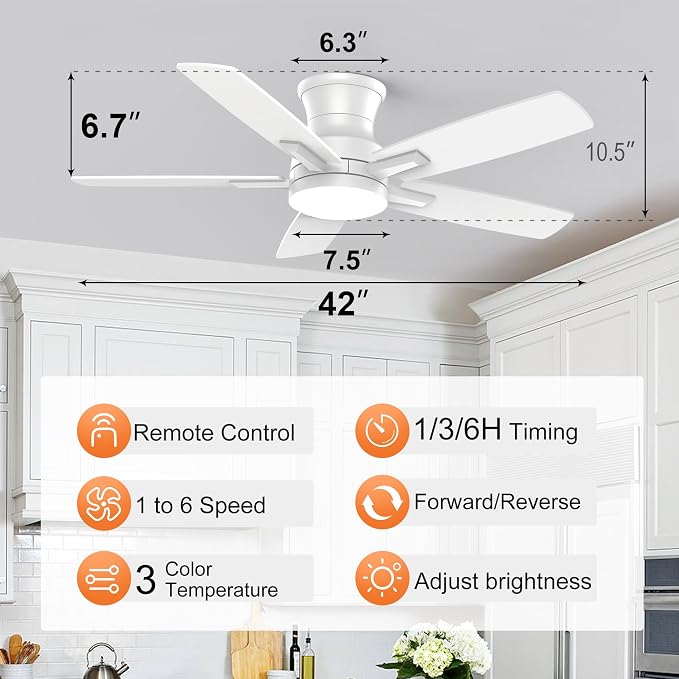 YUHAO 42 Inch Flush Mount White Ceiling Fan with Light and Remote Control.Noiseless,Dimmable,3CCT,6 Speeds Reversible, Low Profile DC Ceiling Fans for Indoor or Covered Outdoor Use,ETL Listed