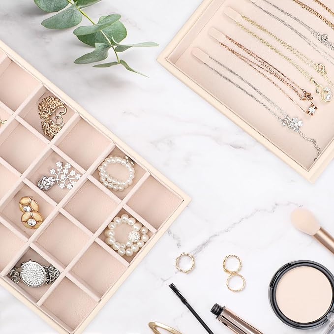 Voova Stackable Jewelry Organizer Tray with Lid, PU Leather Jewelry Storage Holder for Drawer Inserts, Jewellery Display Box Case for Earring Necklace Ring Watch Bracelet (Set of 4, Apricot)