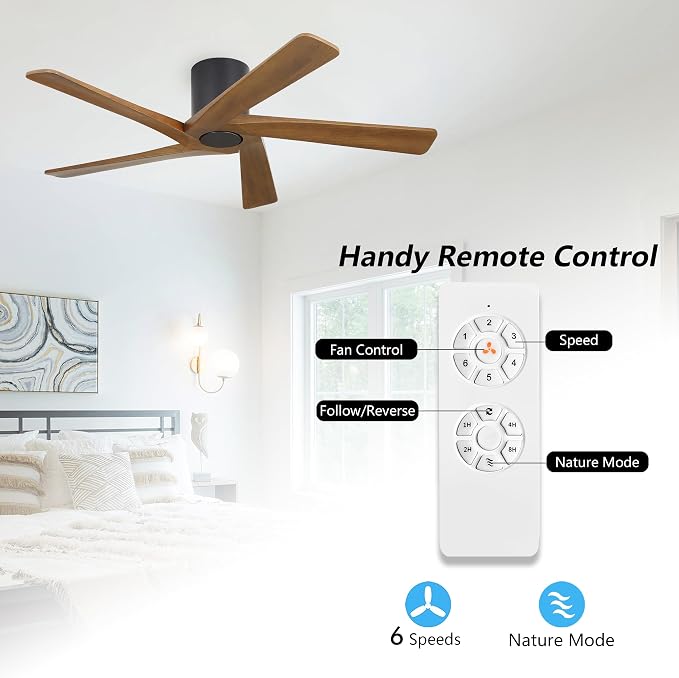 WINGBO 54 Inch Flush Mount DC Ceiling Fan without Lights, 5 Reversible Carved Wood Blades, 6-Speed Noiseless DC Motor, Hugger Ceiling Fan No Lights in Matte Black Finish with Walnut Blades, ETL Listed