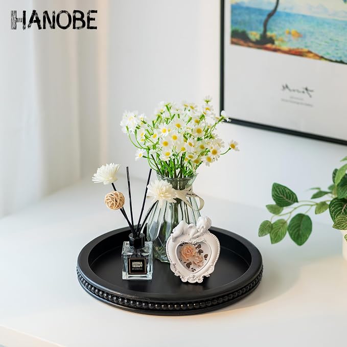 Hanobe Black Decorative Tray for Coffee Table, Round, Beaded Edge | 11.8-inch wood tray for living room, kitchen counter, or entryway table decor, holds candles, plants
