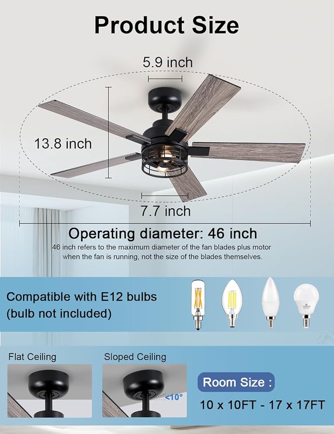 46 Inch Farmhouse Ceiling Fans with Lights and Remote, Black Industrial Caged Rustic Ceiling Fans for Bedroom, Living Room, 6-Speed Reversible Quiet DC Motor, Rustic Design