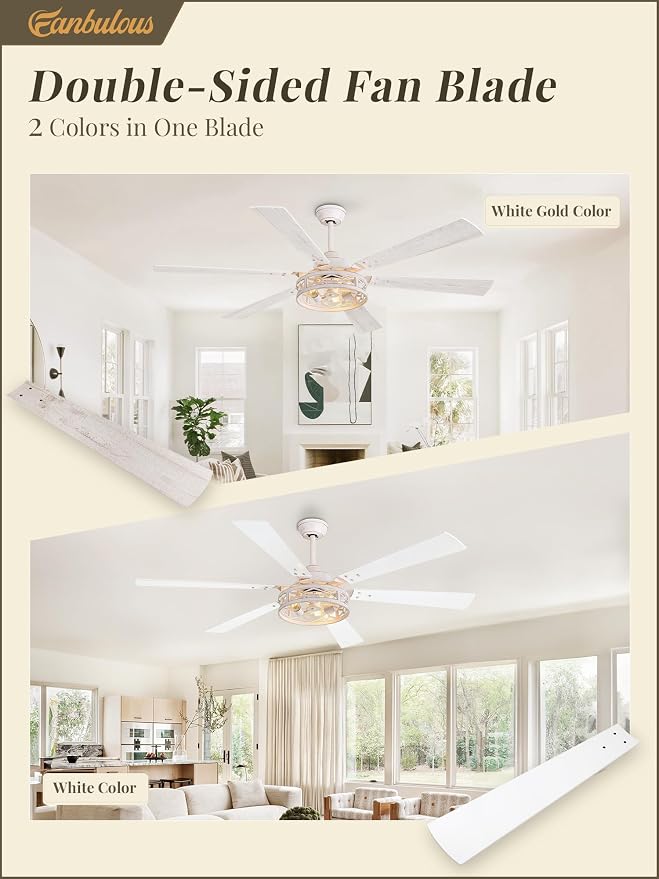 Fanbulous 65 Inch Ceiling Fan with Lights, Farmhouse Caged Ceiling Fans with Remote, White Industrial Ceiling Fans with Quiet Reversible DC Motor, Large Ceiling Fan for Living Room, Bedroom