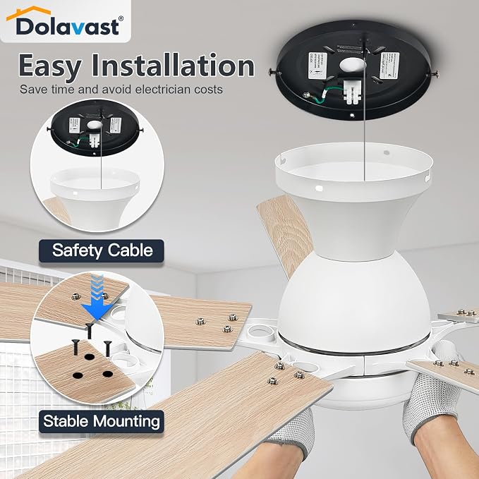 Ceiling Fans with Lights, 52 Inch Low Profile Ceiling Fan with Light and Remote Control, Flush Mount, Reversible, 3CCT, Dimmable LED, Quiet, White Ceiling Fan for Bedroom, Living Room