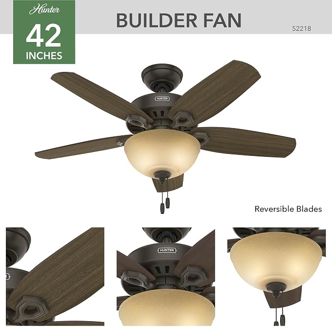Hunter 42 inch Indoor Ceiling Fan with LED Light - Bronze Ceiling Fan with Pull Chain, For Bedroom or Living Room, Standard Mount, No Remote, 5 Blades, Includes Bulbs - Builder 52218, New Bronze