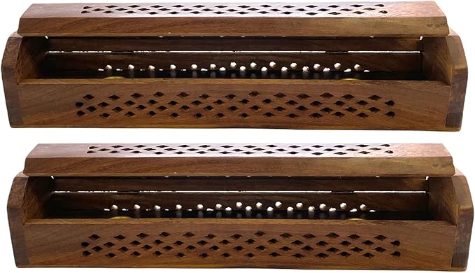 2 Pack Wooden Coffin Incense Sticks Burner - 12 Inches Brass Inlays - Storage Compartment (Net Carving)