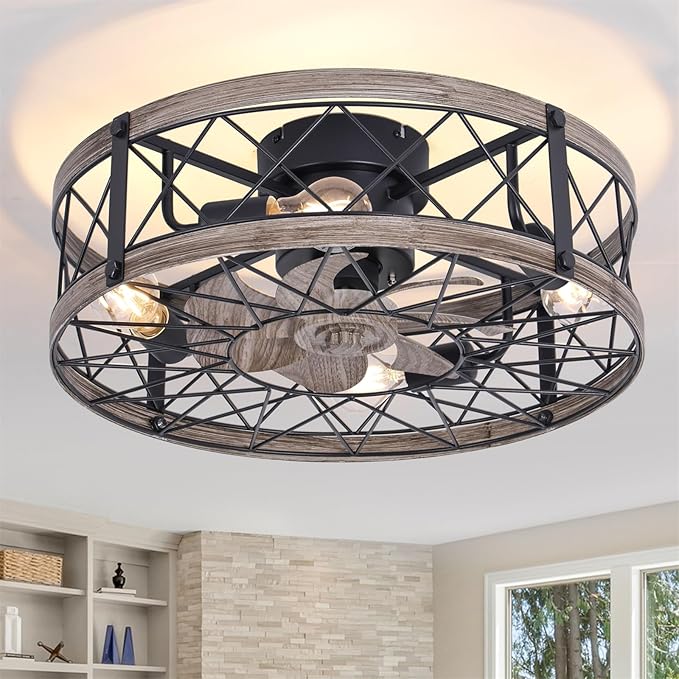 24" Farmhouse Caged Ceiling Fans with Lights Flush Mount, Rustic Low Profile Ceiling Fan with Light and Remote, Quiet Reversible DC Motor Bladeless Enclosed Ceiling Fan for Bedroom Kitchen Dining Room
