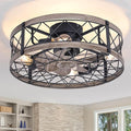 24" Farmhouse Caged Ceiling Fans with Lights Flush Mount, Rustic Low Profile Ceiling Fan with Light and Remote, Quiet Reversible DC Motor Bladeless Enclosed Ceiling Fan for Bedroom Kitchen Dining Room