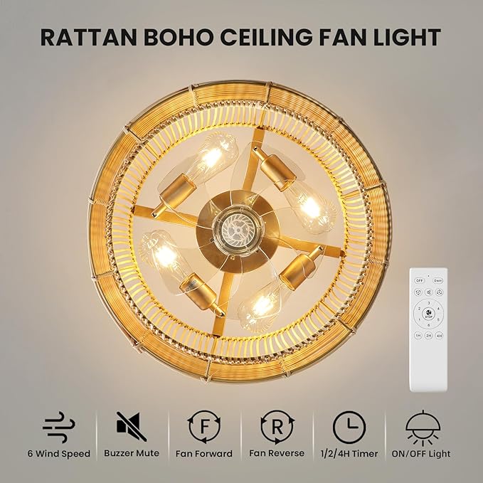 Rattan Boho Ceiling Fans Lights: 19.3'' Low Profile Layered Ceiling Fans with Light & Remote Control Flush Mount Modern Fandelier with Reversible 6 Speeds for Bedroom, Nursery, Living Room, E26 Base