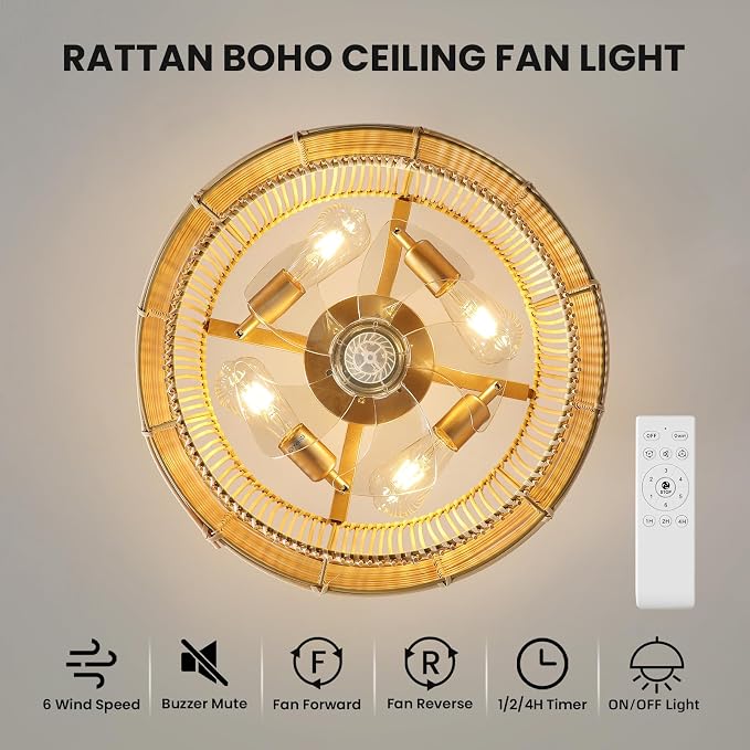 Rattan Boho Ceiling Fans Lights: 19.3'' Layered Ceiling Fans with Light and Remote Control, Farmhouse Semi Flush Mount Fandelier with Reversible 6 Speeds for Bedroom, Nursery, Living Room, E26 Base
