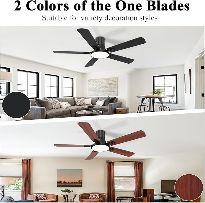 SNJ 52 Inch Black Ceiling Fans with Lights and Remote,Flush Mount Low Profile 5 Blades Ceiling Fan,Dimmable Quiet Reversible DC Motor for,Living Room,Bedroom and Patio
