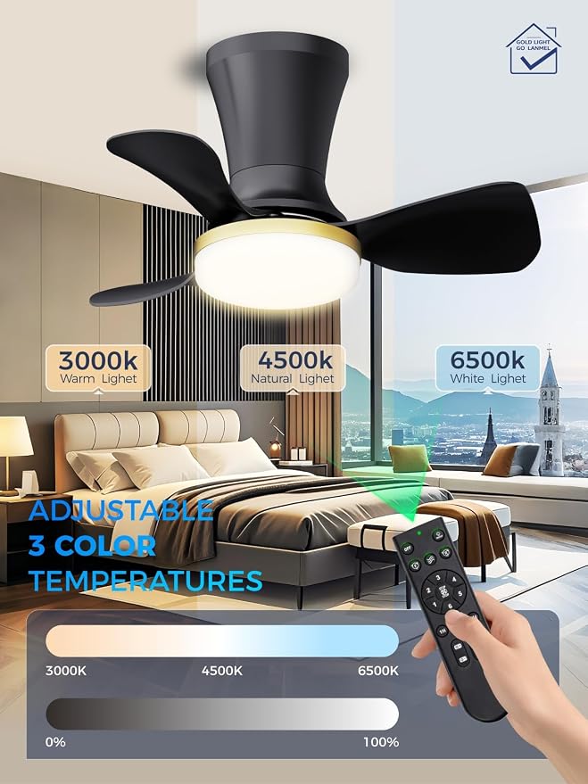 LANMEL 22 Inch Flush Mount Ceiling Fan with Light and Remote, Low Profile Modern Ceiling Fan, 6 Speed, Reversible, 3000k-6500k Dimmable LED, Quiet DC Motor for Indoor Outdoor, Black Gold