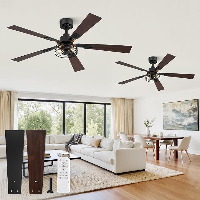 Fanbulous 48 Inch Farmhouse Ceiling Fan with Light and Remote, Rustic Caged Ceiling Fans with 3 Timers, Quiet DC Motor, 5 Dual-Finish Blade for Bedroom Kitchen Small Living Room, Black, 2-Pack