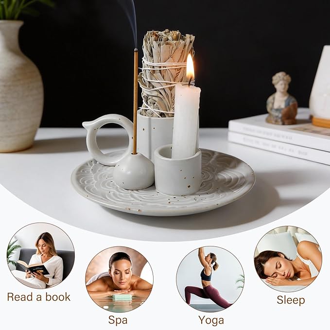Tnstbiee 4-in-1 White Ceramic Palo Santo Burner & Holder - Versatile Candle and Smudge Tray for Incense Sticks, Cones, and Sage - Ideal Zen Meditation Altar Accessory for Enhanced Aromatic Experience