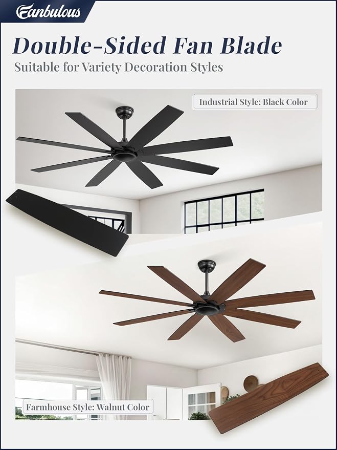 Fanbulous 65 inch Indoor/Outdoor Ceiling Fan No Light，Quiet DC Motor Fan Reversible 6-Speeds, 8 Blades Ceiling Fans with remote for Bedroom Low Profile Ceiling Fan for Living Room for Patio(Black)