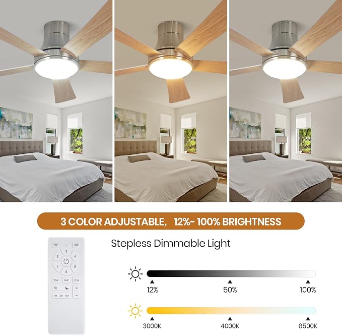 52 Inch Outdoor Ceiling Fans with Lights and Remote, Brushed Nickel Flush Mount Ceiling Fan, 5 Reversible Blades, Dimmable LED, 3-Color Temperatures, 6 Speeds, for Bedroom, Living Room, Patio