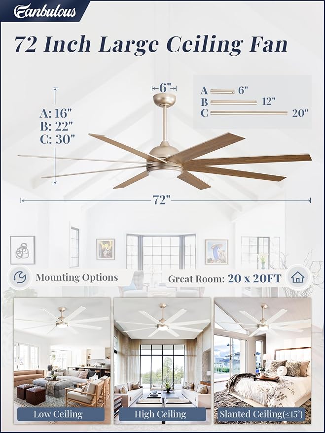 Fanbulous Ceiling Fans with Lights, 72 inch Large Ceiling Fan with Light and Remote, Champaign Gold Ceiling Fan for Living Room Patio, 6 Speeds, Reversible Quiet DC Motor, 3 CCT, Bi-color 8 Blades