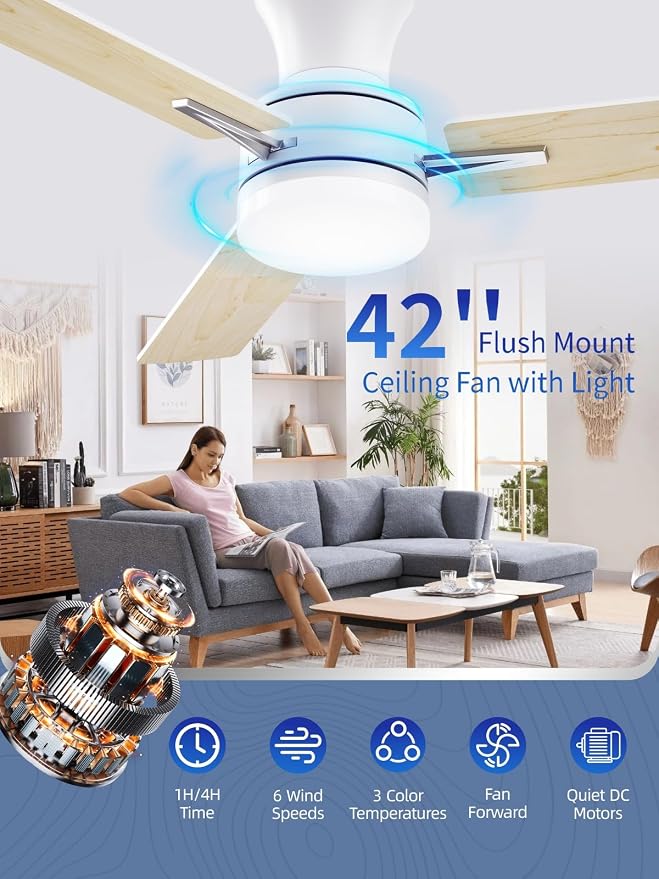 LANMEL 42 Inch Flush Mount Ceiling Fan with Light, App&Remote Control,Low Profile Modern Ceiling Fan,6 Speed,Reversible,3000k-6500k Dimmable LED,Quiet DC Motor for Indoor Outdoor,White Silver