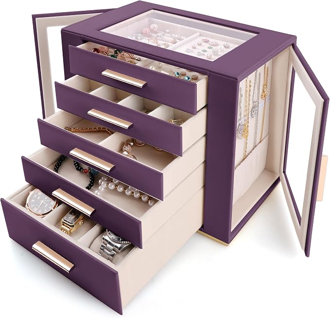 Homeanda Jewelry Box for Women with Glass Lid, 5 Drawers Jewelry Organizer and Storage for Necklaces, Rings, Earrings, Bracelets, Gift for Girls and Teens,PU Leather (Purple)