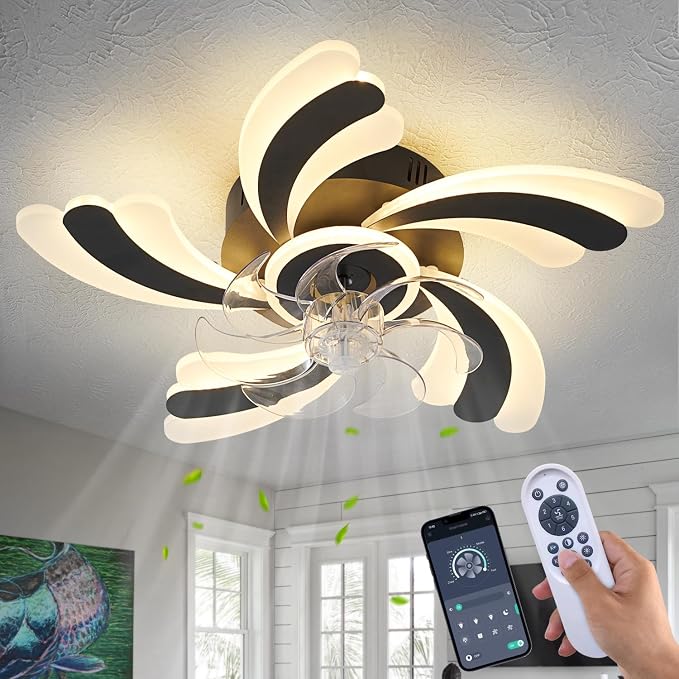 Dalouguan Ceiling Fan with Lights Remote Control, Black Flower 6 Speeds 3 Light Color Low Profile Flush Mount Ceiling Fan for Kitchen Bedroom