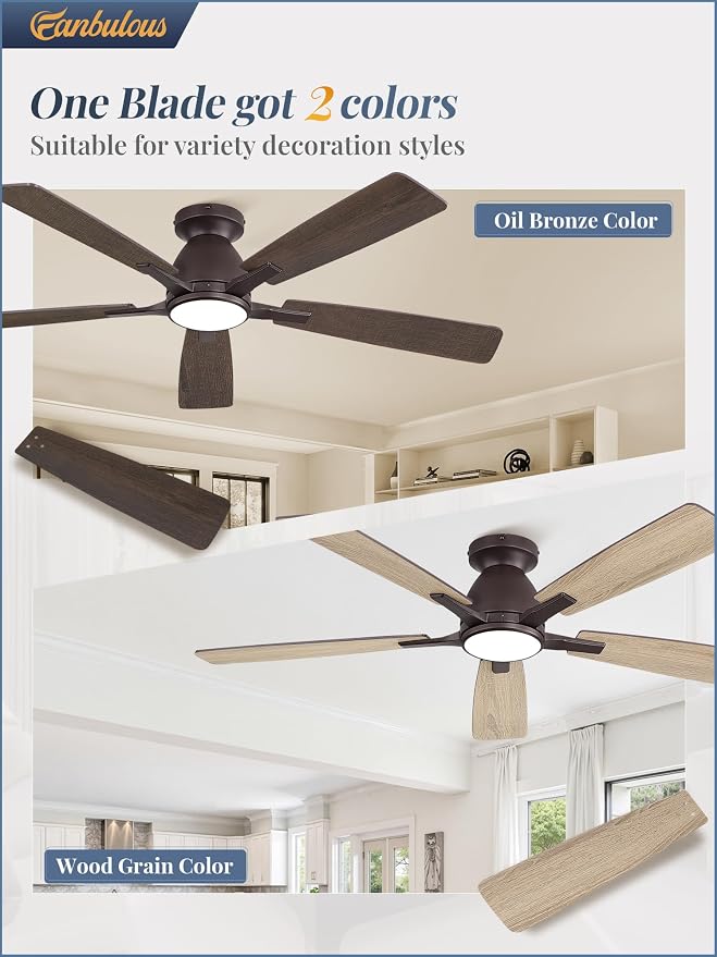 Fanbulous 52" Flush Mount Ceiling Fan with Light, Remote & App, Oil Bronze | 3CCT 20W LED, 6-Speed Quiet Reversible Motor, Modern Low Profile Flush Mount, Ideal for Bedroom/Living Room/Kitchen.