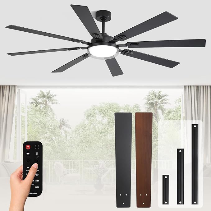 72 Inch Ceiling Fans with Lights and Remote, Living Room Office Library Industrial, 5CCT Dimmable, Dual Color 8 Blades, 6 Speed Reversible Quiet DC Motor, Double-Layer Lampshade, Black/Wood Grain