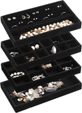 Frebeauty Jewelry Trays for Drawer,Set of 4 Jewelry Organizer and Storage | Velvet Material,Earring Holder Organizer,Stackable Jewelry Display for Vanity,Drawer Inserts for Rings,Studs,8.3×4.9 inch