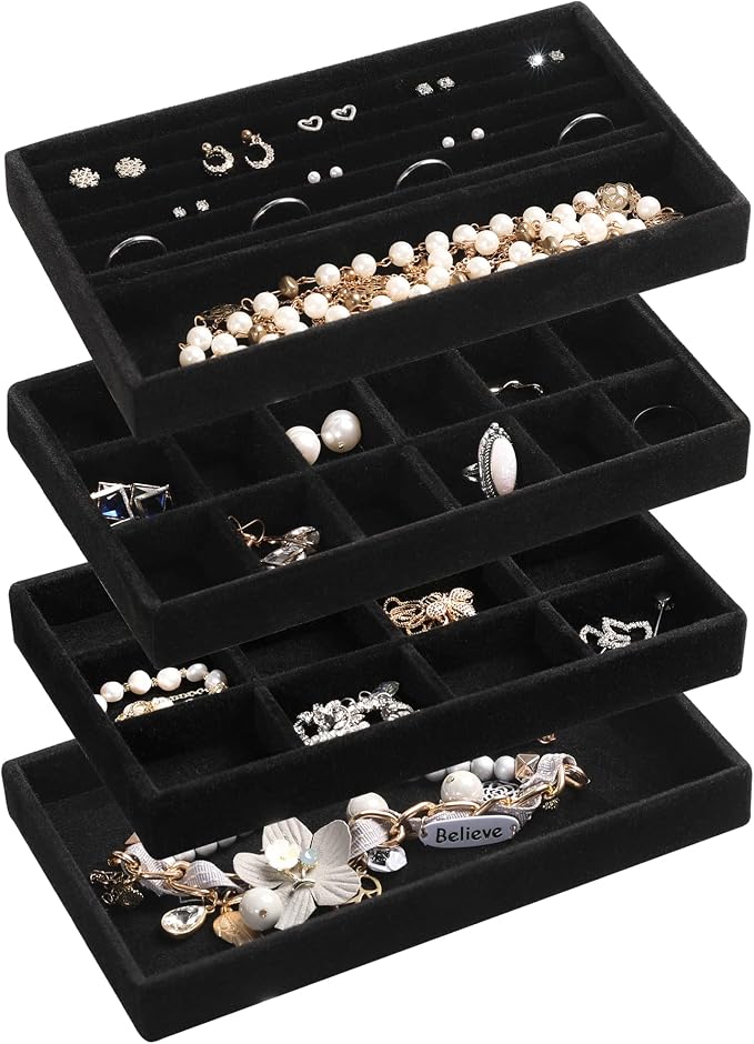 Frebeauty Jewelry Trays for Drawer,Set of 4 Jewelry Organizer and Storage | Velvet Material,Earring Holder Organizer,Stackable Jewelry Display for Vanity,Drawer Inserts for Rings,Studs,8.3×4.9 inch