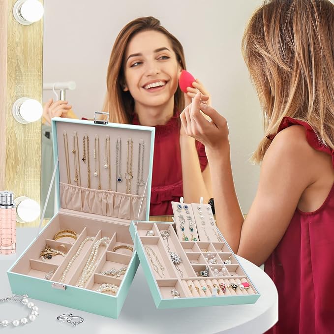 ProCase 2 Layers Jewelry Box for Women -Mint | Large Leather Jewelry Organizer Storage Case with Removable Pad for Earrings