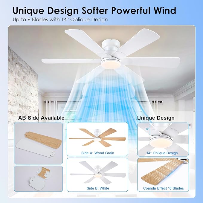 52 inch Ceiling Fans with Lights, Ceiling Fan with Remote APP, Dual-Sided Modern/Rustic 6 Blades, Reversible, 3CCT, Flush Mount Low Profile Ceiling Fan with Lights Bedroom Kitchen Indoor White