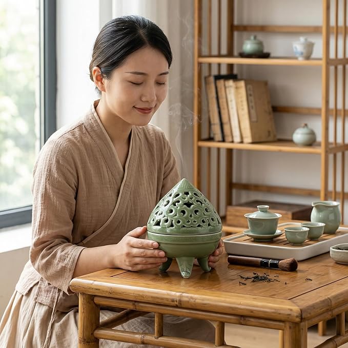 Mini Ceramic Incense Burner - Chinese Classic Plum Green Celadon Glaze, Fragrance Cone & Stick Holder Palo Santo/Sage/Herb Burner for Meditation, Yoga, Desk Decor, Zen Relaxation Gift (Cloud-B)