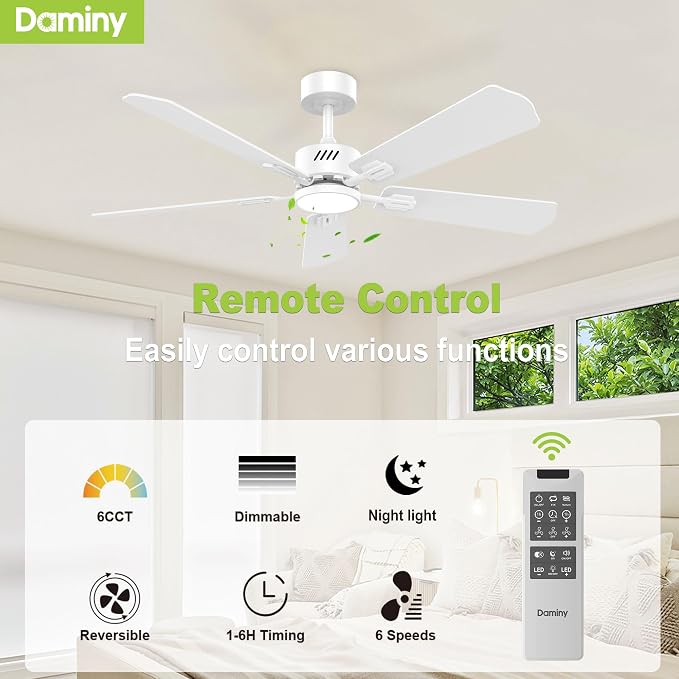 DAMINY 52 inch Ceiling Fan with Light,6CCT,5 Blade,Low Profile Ceiling Fan with Light and Remote Control,Downrods,White,Living Room,Indoor/Outdoor Use