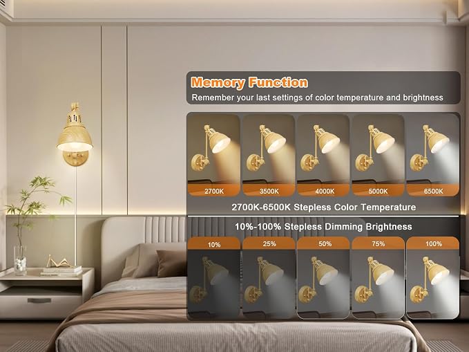 GOODATE 1 Pack Plug in Wall Sconce with Remote Control, Dimming, Adjustable Colors 2700K-6500K, Plug in Wall Light, Swing Arm Wall Lamp with Night Light & Timer, LED Bulb Included, Oak Finish