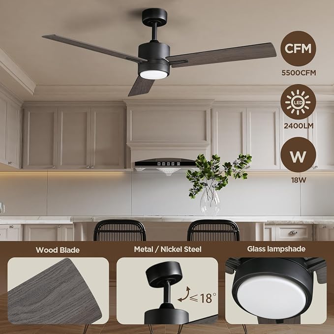 Ceiling Fan with Light Remote: 52 Inch Modern Bedroom Fans with Dimmable Tri-Color Temperature LED - Quiet Reversible DC Motor - Indoor Outdoor