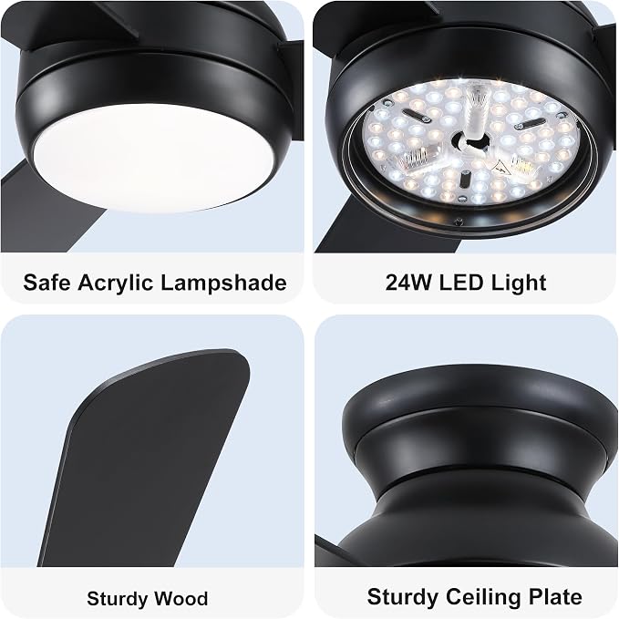 42 Inch Low Profile Ceiling Fan with Light Quiet for Bedroom, Black | Flush Mount,Remote Control,Reversible Quiet DC Motor,Wood Blade,6 Speed,3CCT Dimmable for Bedroom,Living Room