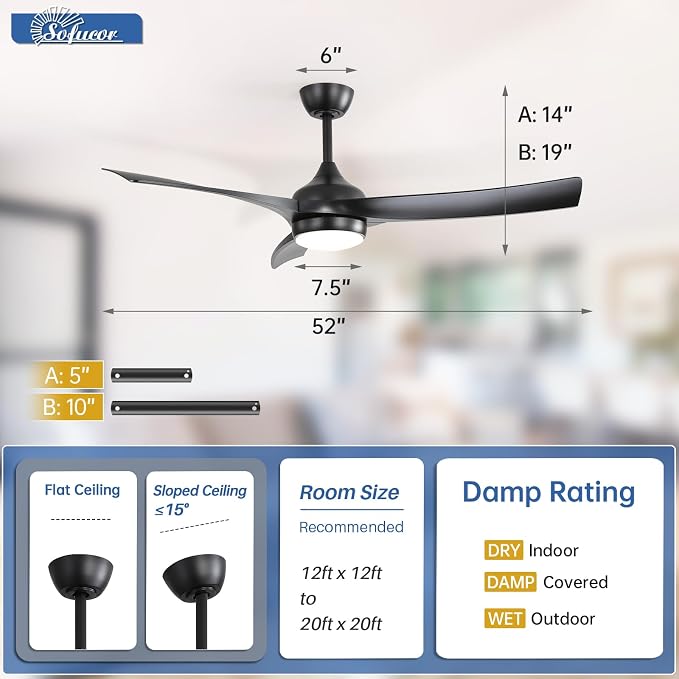 Sofucor 52 Inch Smart Ceiling Fan, Work with App/Alexa/Google, Outdoor Black Ceiling Fan with Lights Remote Control, Airflow 6000CFM ABS 3 Blade Reversible DC Motor for Bedroom Living Room Patio