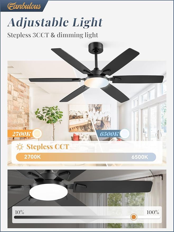 Fanbulous 52 Inch Ceiling Fans with Lights, Indoor/Outdoor Modern Ceiling Fan with Reversible Blade And 2 Rods, Quiet DC Motor, 3CCT & 6-Speed Remote Control, Dual Finish Blade for Living Room/Bedroom