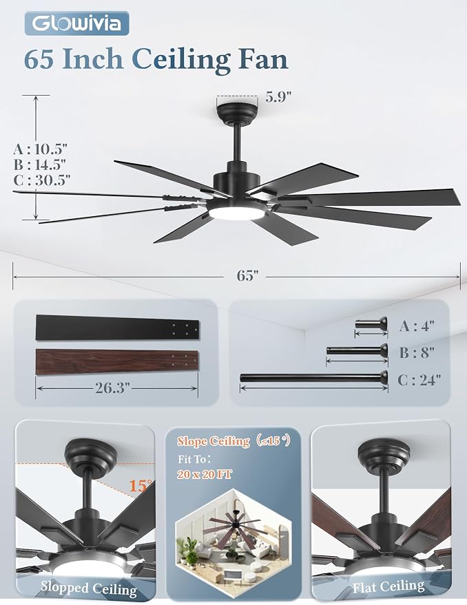 65 Inch Ceiling Fans with Lights and Remote&APP Control, Black Smart Ceiling Fan with 3000-6000K Dimmable, 6 Speeds Quiet Reversible Motor, Indoor/Outdoor Ceiling Fan for Living Room Bedroom
